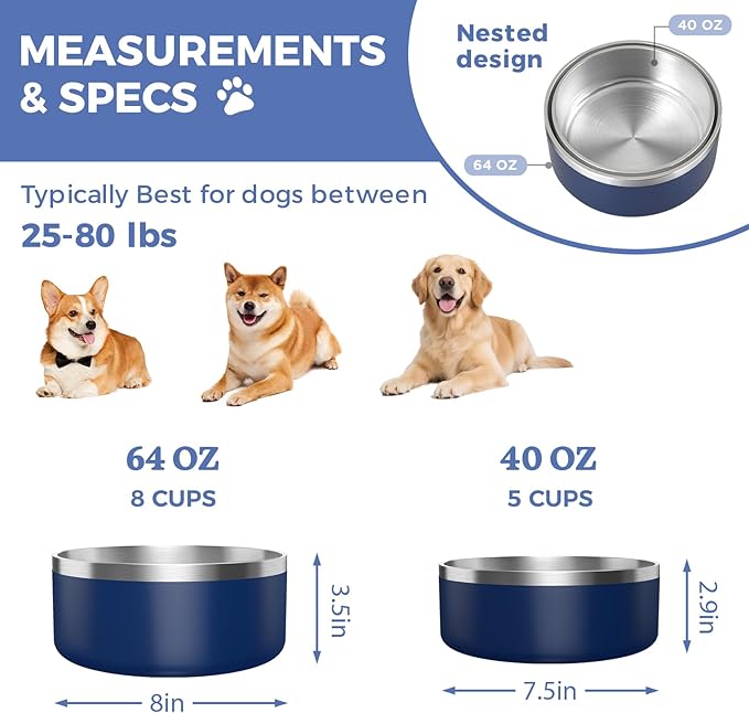 2 Pack Stainless Steel Dog Bowls, Outdoor Dog Water Bowl with Non Slip Rubber Bottom, Dishwasher Safe, Easy to Clean,40oz&64oz Blue