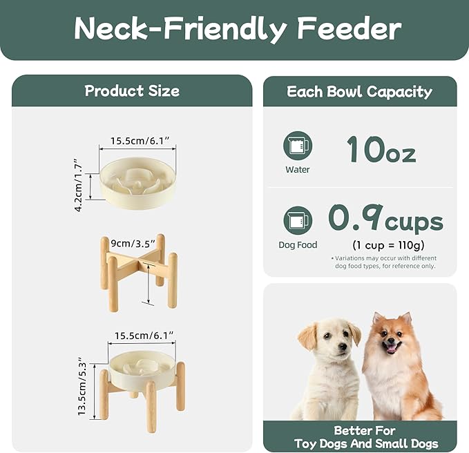 Ceramic 0.9 Cup Raised Dog Slow Feeder Set, Elevated Bowl with Wooden Stand for Small Dog and Cat, 6.1inch Puzzle Slow Dog Food Dish, Anti-Gulping(Light Yellow, Single Bowl+ Stand)