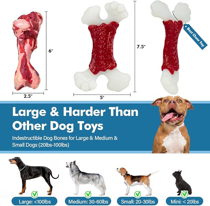Dog Toys for Aggressive Chewers, Dog Toys for Large Dogs, Indestructible Dog Bones for Aggressive Chewers, Tough and Durable Dog Chew Toy, Real Bacon & Beef Flavors (Beef)