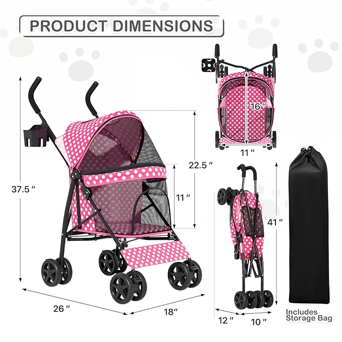 MoNiBloom 4 Wheels Pet Stroller, Easy-Fold Umbrella Shaped Dog Cat Jogger Stroller w/Storage Bag & Visible Mesh for Small/Medium Dogs Cats Hot Pink Polka Dots