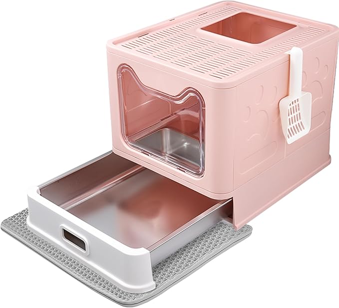 Enclosed Cat Litter Box with Lid Top Exit Covered Metal Stainless Steel Litter Box Leak Proof & Odorless Easy to Clean Including Cat Litter Scoop and Litter Mat