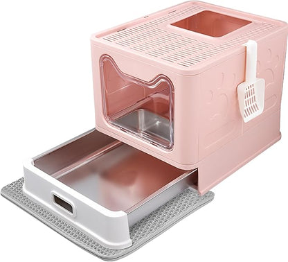 Enclosed Cat Litter Box with Lid Top Exit Covered Metal Stainless Steel Litter Box Leak Proof & Odorless Easy to Clean Including Cat Litter Scoop and Litter Mat