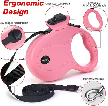 16Ft Retractable Dog Leash,Light Weight Leash for Small to Medium Dogs/Cats Up to 50lbs,Stainless Steel Spring Strong Nylon Tape, Tangle Free, One-Handed Brake.(Pink)