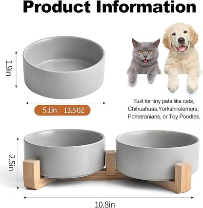 Kimdio Ceramic Dog Bowls with Wood Stand, 13.5OZ Pet Bowls Set of 2 for Medium Small Dogs and Cats - Non-Slip Base Cute Pet Food & Water Basic Bowls Glaze Matte-Grey