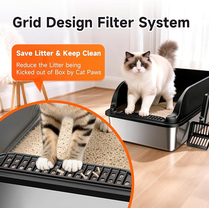 Stainless Steel Cat Litter Box, Extra Large XL Odor Free Metal Litter Box with High Sides Lid, Open Top Litter Pan Include Scoop Easy Cleaning Anti-Scratch Kitty Cat Box Anti-Urine Leakage, Non-Sticky
