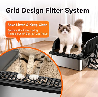 Stainless Steel Cat Litter Box, Extra Large XL Odor Free Metal Litter Box with High Sides Lid, Open Top Litter Pan Include Scoop Easy Cleaning Anti-Scratch Kitty Cat Box Anti-Urine Leakage, Non-Sticky