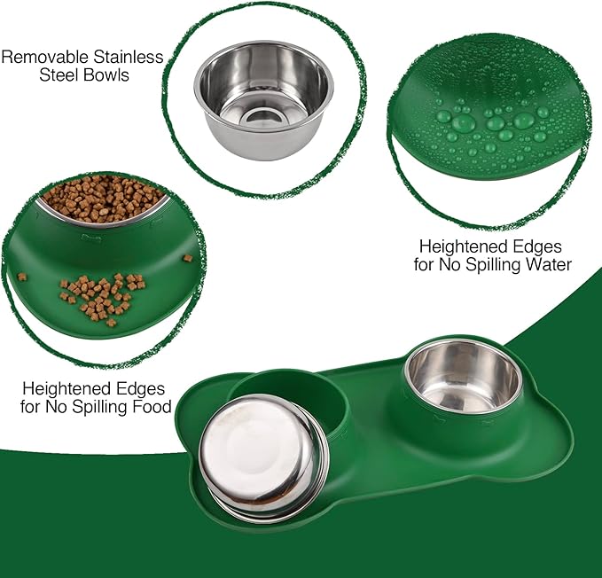 Dog Bowls 2 Stainless Steel Bowl for Pet Water and Food Feeder with Non Spill Skid Resistant Silicone Mat for Pets Puppy Small Medium Cats Dogs