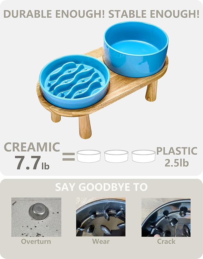 Ceramic Slow Feeder and Water Bowl Set for Medium and Large Dogs, 2.0 Cups Dog Slow Feeder(30oz) and 70oz Water Bowl Set, 8in, Baby Blue