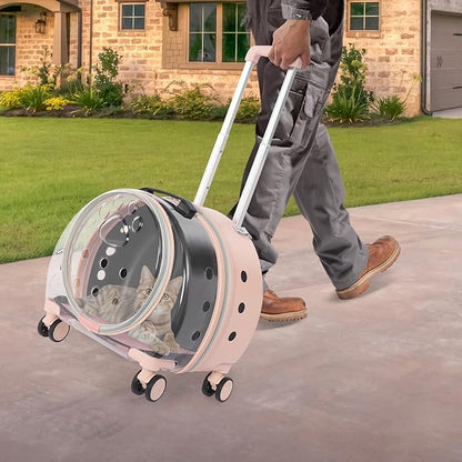 Transparent Bubble Pet Carrier with Wheels, Breathable Cat Dog Travel Carrier with 3-Stage Handle & Removable Strap, Portable Trolley Case with Ventilation for Small Dogs & Cats (Light Pink)