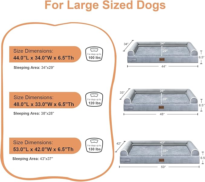 Large Dog Bed Orthopedic Washable: Jumbo Dog Bed Bolster Extra Large Dogs Egg Crate Foam Sofa Couch Waterproof Removable Cover - Grey