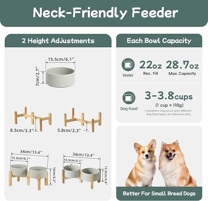 Ceramic Raised Double Bowls Set with Stand, 2 Heights Elevated, Food & Water Bowls for Small Breed Dogs, Weighted Dog Dishes, Pet Bowl(6.1'',28.7oz, Grey)