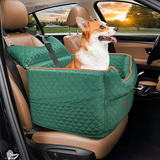 Dog Car Seat - Memory Foam Dog Booster Seats for Small Dogs Up to 25lbs-Elevated Pet Car Seat with Storage Pockets and Dogs Seat Belt-Pet Travel Bed for Front & Back Seats-Removable Washable-Green