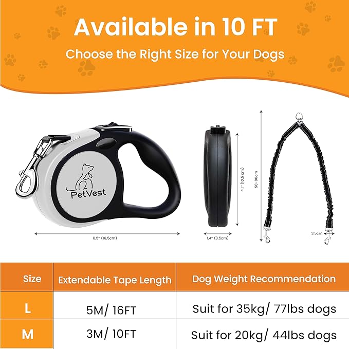 Dual Retractable Dog Leash,10 FT Tangle-Free Leash for 2 Dogs, Detachable for Single Use,One-Button Brake & Lock, Up to 44 lbs Each, 360° Swivel, Non-Slip Handle + Poop Bag Holder (Grey)