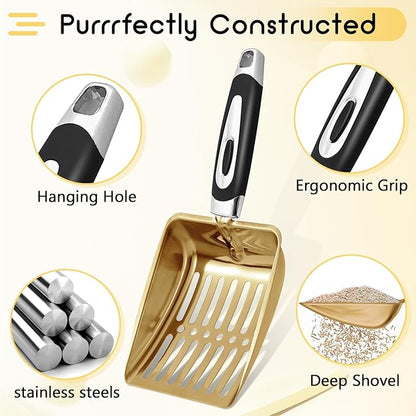 Stainless Steel Cat Litter Scoop,Metal Cat Litter Scoop,Kitty Metal Scooper,Sturdy Mesh Scooper,Suitabla cat Scooper for Cat Litter Box(Gold)
