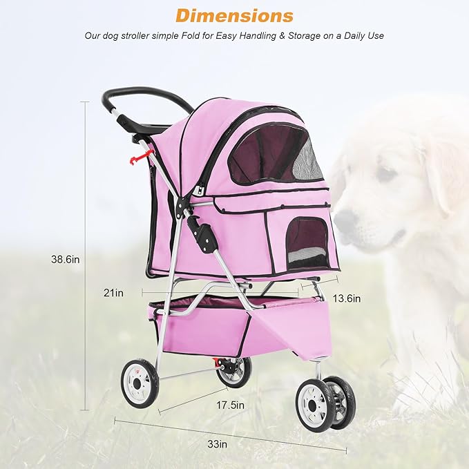 BestPet 3 Wheels Pet Dog Stroller Cat Cage Jogger Stroller Cats Travel Folding Carrier Waterproof with Cup Holder & Removable Liner,Pink