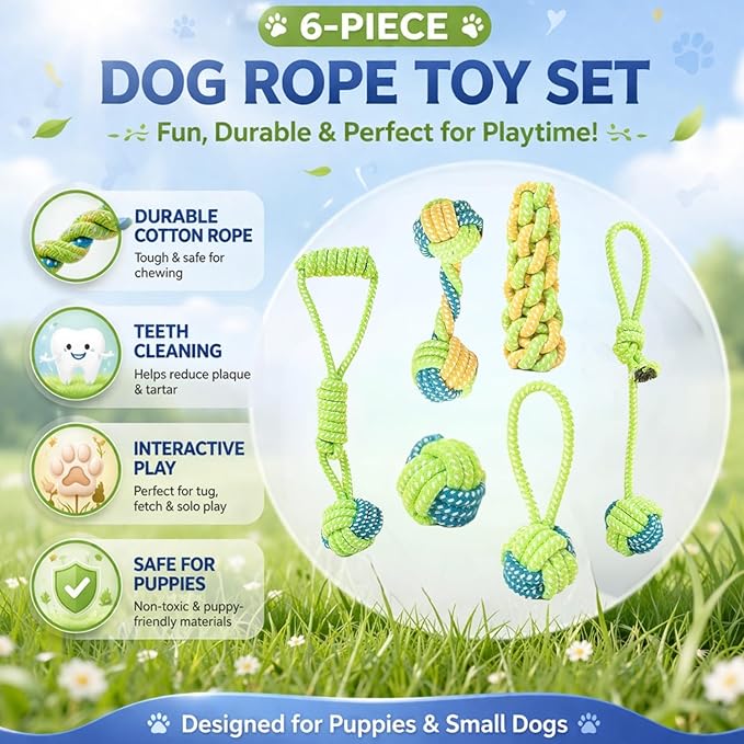 6 Pack Rope Toys for Dogs, Dental Cleaning, Teething Relief for Puppies, Boredom Reduction,Cotton Dog Teething Toys for Instinctual Play (Basket not Included)