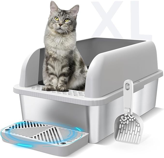 Extra Large Stainless Steel Litter Box with Lid, High Sides Enclosed Cat Litter Box for Big Cats & High Peeing, Anti-Leak & Odor Control Metal Litter Pan, Easy Clean Non-Stick Kitty Litter Box