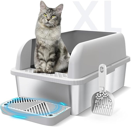 Extra Large Stainless Steel Litter Box with Lid, High Sides Enclosed Cat Litter Box for Big Cats & High Peeing, Anti-Leak & Odor Control Metal Litter Pan, Easy Clean Non-Stick Kitty Litter Box
