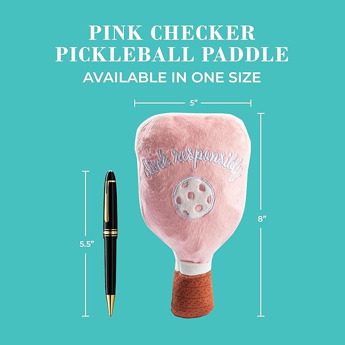 Haute Diggity Dog Pink Checker Pickleball Paddle, Plush Trendy Sporty Dog Toys with Interactive Squeaker, Stimulating Pet Enrichment, Machine-Washable & Safe Materials for All Breeds, One Size