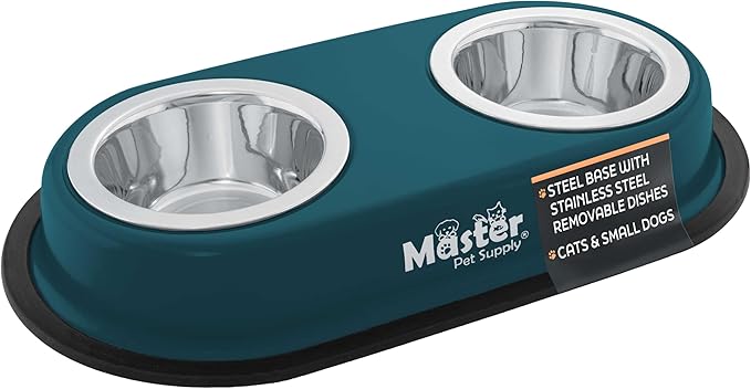 Master Pet Supply Double Dog Bowls Set with Elevated Base and 2 (8 oz) Stainless Steel Removable Dishes (Emerald Sea) – Double Cat Food Water Bowl, Dog Puppy Food Bowl Set, Rust Resistant