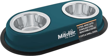 Master Pet Supply Double Dog Bowls Set with Elevated Base and 2 (8 oz) Stainless Steel Removable Dishes (Emerald Sea) – Double Cat Food Water Bowl, Dog Puppy Food Bowl Set, Rust Resistant