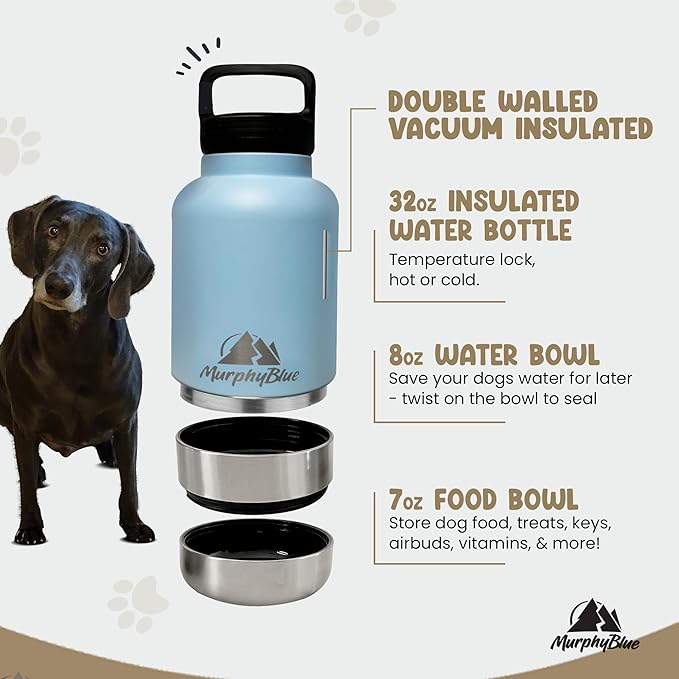MurphyBlue Dog Water Bottle | 32 oz. Capacity Insulated Stainless Steel, Lid w/Built-in Carabiner, BPA Free Plastic Detachable Bowls, Portable Dog Water Bottles, Travel Bowls for Pets