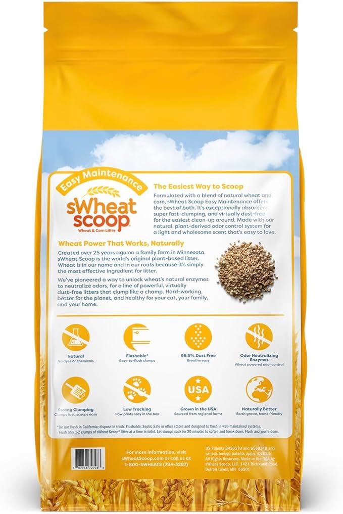 sWheat Scoop Natural Wheat & Corn Cat Litter, Easy Maintenance, Absorbs on Contact with Plant-Based Odor Control, 28 Pound Bag