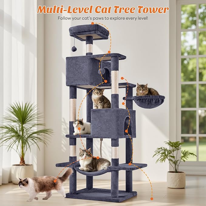 DUMOS Large 66 Inch Cat Tree Tower, Tall Multi Level Cat Climbing Tower with Natural Sisal Scratching Posts, Hammock, Pet Condo for Indoor Cats and Kittens Play, Dark Grey