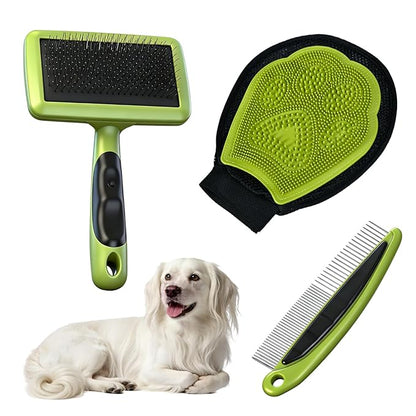 Cat & Dog Brush Set, Pet Grooming Kit with Metal Comb, Slicker Brush, Hair removal Glove for Detangling and Dematting Long, Matted Fur, Green