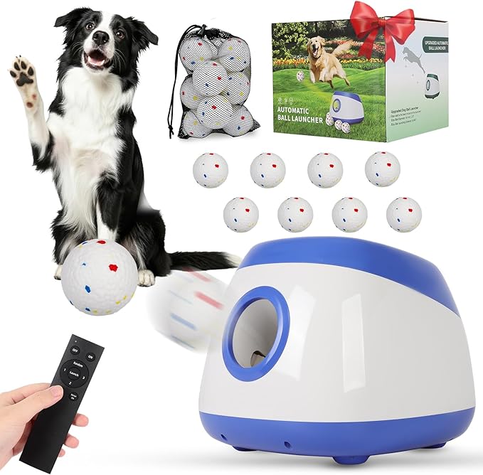 FAHKNS Automatic Ball Launcher for Large Dogs: 40/60/80FT Distance Dog Ball Thrower with Remote Control, 3 Adjustable Distances & Random Mode, 8 Pack 2.5" E-TPU Balls Included