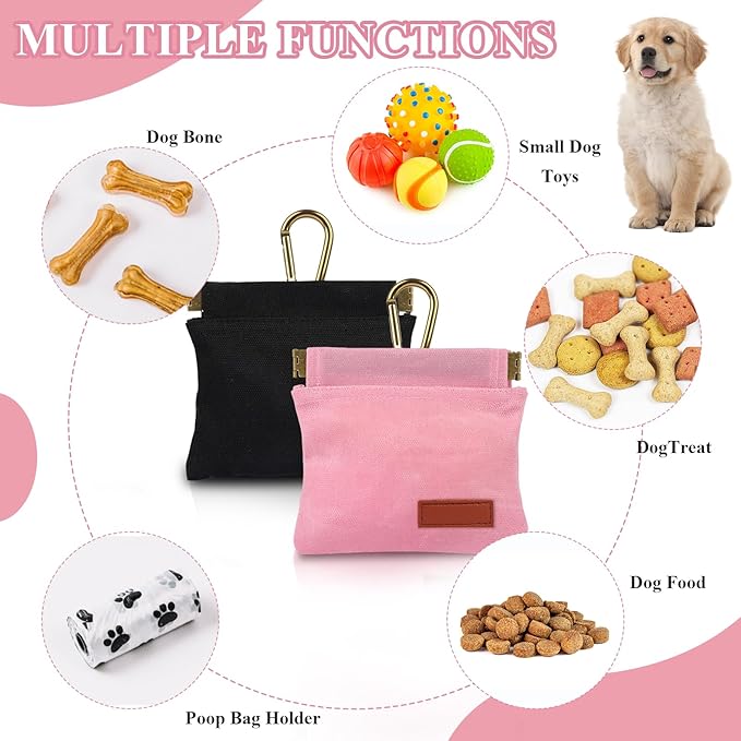 2Pcs Dog Treat Pouches for Pet Training, Hand Free Puppy Dogs Treat Bag with Carabiner, Portable Auto Closing Pet Dog Walking Bag for Travel or Outdoor Use, Pets Feed Snack Reward Pocket- Black, Pink