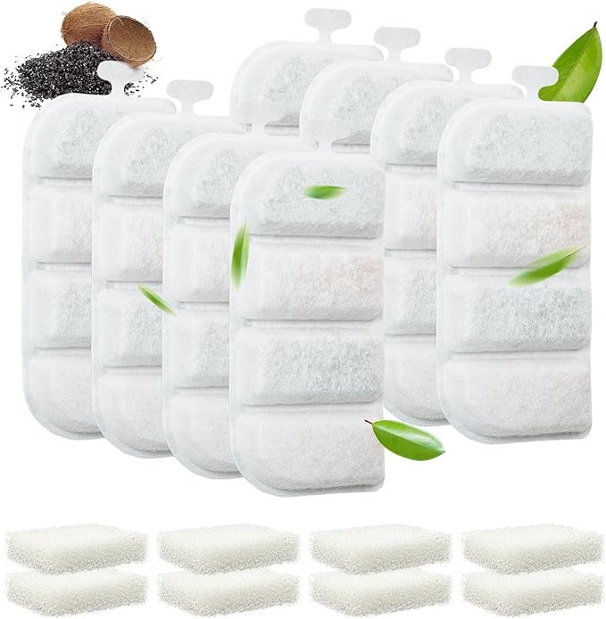 Veehoo 8 Pack Replacement Filters & 8 Pack Pre-Filter Sponges Set for 2.4Gal Dog Water Fountain, 4 Months Set of Replacement Filters for Dog Water Dispenser
