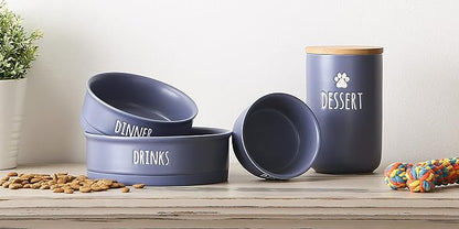 Bone Dry Ceramic Pet Bowls for Dogs & Cats Dishwasher & Microwave Safe, Non-Slip Bottom for Secure Feeding with Less Mess, Medium Set, 6x2, French Blue, 2 Count