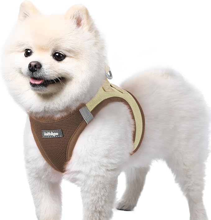 rabbitgoo Small Dog Harness, Step-in Soft Mesh Puppy Vest with Safety Buckle, Breathable Reflective Pet Harness for Small Sized Dogs, Brown & Beige S