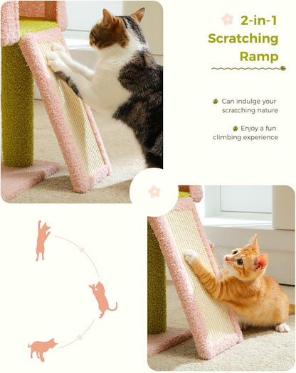 Flower Cat Tree 47.2" Multi-Level Cat Tower with Sisal Covered Scratching Posts, Cute Cat Condo for Indoor Small Medium Cats, Pink Top Perch, Fluffy Ball, Pink