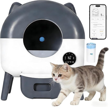Self-Cleaning Cat Litter Box with Large Capacity and Automatic Cleaning, Automatic Litter Box with App Control, Triple Safety Protection, Removable Washable Liner, 1 Rolls Garbage Bags