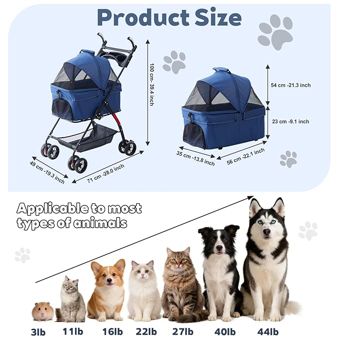 4 Wheels Blue Foldable Pet Stroller with Storage Basket, Cup Holder & Breathable Mesh for Small/Medium Dogs and Cats