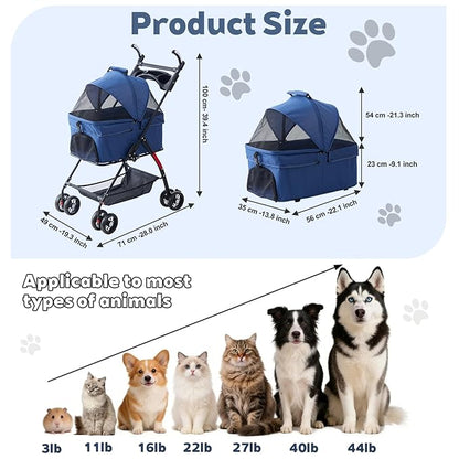 4 Wheels Blue Foldable Pet Stroller with Storage Basket, Cup Holder & Breathable Mesh for Small/Medium Dogs and Cats