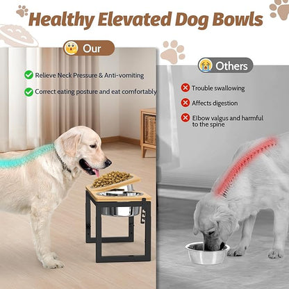 Dog Bowls Elevated, 4 Height (9.6" to15) & Angle (0-20°) Adjustable Raised Dog Bowl Stand, Elevated Dogs Bowl for Medium to Large Sized, Bamboo Feeding Station with 2X 10cups Stainless Steel Dishes