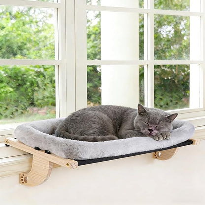 Cat Window Perch Hammock Wall Shelves Beds for Indoor Cats Supplies Design Robust Metal Frame Seat Large Cats and Kittens Pets Natural Wood, 24''L Easy to Adjust Windowsill, Bedside (Grey)