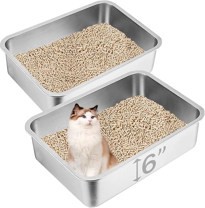 2 Pack Stainless Steel Cat Litter Box, 23.6"×15.7"×6" Metal Litter Pan, Extra Large Cat Litter Box for Multiple Cats, Easy Cleaning