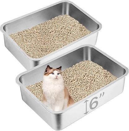 2 Pack Stainless Steel Cat Litter Box, 23.6"×15.7"×6" Metal Litter Pan, Extra Large Cat Litter Box for Multiple Cats, Easy Cleaning