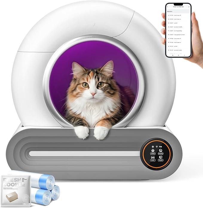 Self Cleaning Cat Litter Box, 65L+ 9 L Extra Large Robot Automatic Litter Box for Multiple Cats, APP Control, Deodorization with 1 Odor Eliminator, 3 Rolls Litters Bags