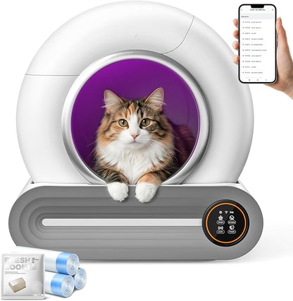 Self Cleaning Cat Litter Box, 65L+ 9 L Extra Large Robot Automatic Litter Box for Multiple Cats, APP Control, Deodorization with 1 Odor Eliminator, 3 Rolls Litters Bags