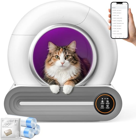 Self Cleaning Cat Litter Box, 65L+ 9 L Extra Large Robot Automatic Litter Box for Multiple Cats, APP Control, Deodorization with 1 Odor Eliminator, 3 Rolls Litters Bags