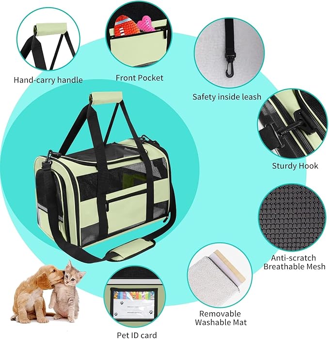 20" Large Soft Sided Cat Carrier Pet Carrier for Cats Dogs Under 25 lbs, Folding Dog Carrier Cat Carrier for 2 Cats Travel Carrier Bag, Green