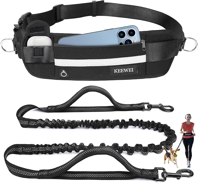Hands Free Dog Leash with Zipper Pouch, Dual Handle Retractable Reflective Heavy Duty Bungee Leash for Small & Medium Dog Running Walking Jogging Training Hiking, Black