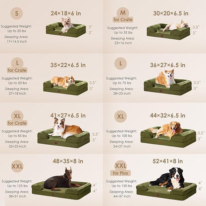 EHEYCIGA Orthopedic Dog Beds for Large Dogs, Waterproof Memory Foam Large Dog Bed with Sides, Non-Slip Bottom and Egg-Crate Foam Pet Couch Bed with Washable Removable Cover, Olive Green