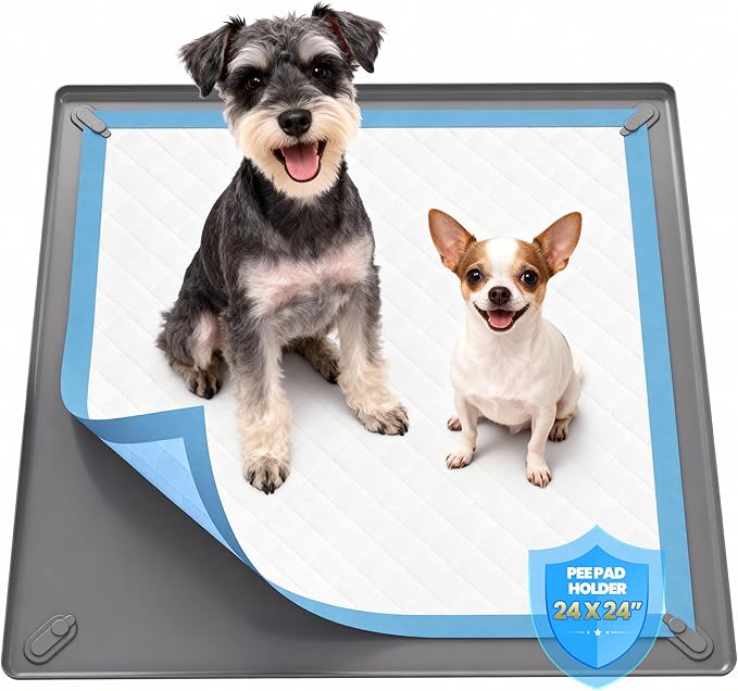Pee Pad Holder for Dogs - 24" x 24" Non-Slip Silicone Puppy Potty Training Tray with 4 Magnetic Clips & Leak-Proof Raised Edge, Dog Pee Pad Holder for Home Indoor Floor Protection