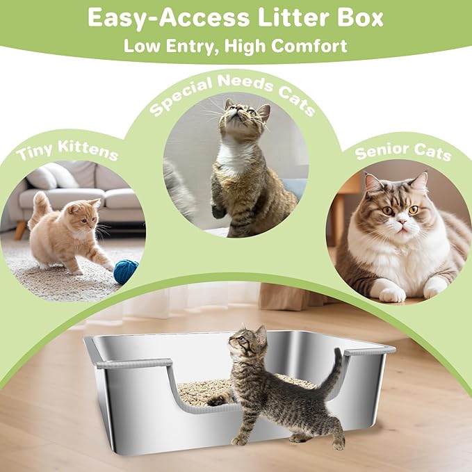 Low Entry Litter Box for Senior Kittens Disabled Cats - Stainless Steel High Sided Enclosed Easy Step in Entry - Large Metal Kitty Litter Box Easy to Clean(19.7”x13.8”x5.9”)